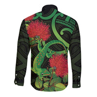 New Zealand Gecko Long Sleeve Button Shirt Aotearoa Maori With Pohutukawa Flowers LT14 - Polynesian Pride