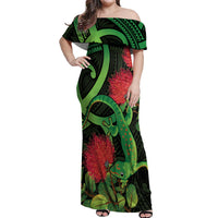 New Zealand Gecko Off Shoulder Maxi Dress Aotearoa Maori With Pohutukawa Flowers LT14 Women Black - Polynesian Pride