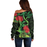 New Zealand Gecko Off Shoulder Sweater Aotearoa Maori With Pohutukawa Flowers LT14 - Polynesian Pride