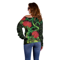 New Zealand Gecko Off Shoulder Sweater Aotearoa Maori With Pohutukawa Flowers LT14 - Polynesian Pride