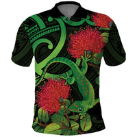 New Zealand Gecko Polo Shirt Aotearoa Maori With Pohutukawa Flowers LT14 Black - Polynesian Pride