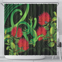 New Zealand Gecko Shower Curtain Aotearoa Maori With Pohutukawa Flowers LT14 - Polynesian Pride