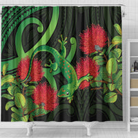 New Zealand Gecko Shower Curtain Aotearoa Maori With Pohutukawa Flowers LT14 - Polynesian Pride
