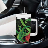 New Zealand Gecko Tumbler With Handle Aotearoa Maori With Pohutukawa Flowers LT14 - Polynesian Pride