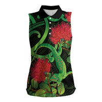 New Zealand Gecko Women Sleeveless Polo Shirt Aotearoa Maori With Pohutukawa Flowers LT14 Female Black - Polynesian Pride