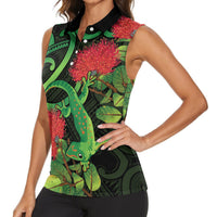 New Zealand Gecko Women Sleeveless Polo Shirt Aotearoa Maori With Pohutukawa Flowers LT14 - Polynesian Pride