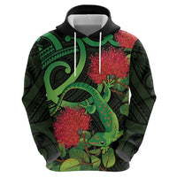 New Zealand Gecko Zip Hoodie Aotearoa Maori With Pohutukawa Flowers LT14 - Polynesian Pride