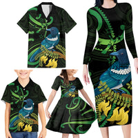 New Zealand Tui Bird Family Matching Long Sleeve Bodycon Dress and Hawaiian Shirt Aotearoa Maori With Kowhai Flowers LT14 - Polynesian Pride