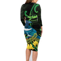 New Zealand Tui Bird Family Matching Long Sleeve Bodycon Dress and Hawaiian Shirt Aotearoa Maori With Kowhai Flowers LT14 - Polynesian Pride