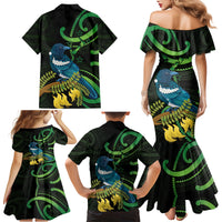 New Zealand Tui Bird Family Matching Mermaid Dress and Hawaiian Shirt Aotearoa Maori With Kowhai Flowers LT14 - Polynesian Pride