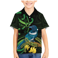 New Zealand Tui Bird Family Matching Mermaid Dress and Hawaiian Shirt Aotearoa Maori With Kowhai Flowers LT14 Son's Shirt Black - Polynesian Pride