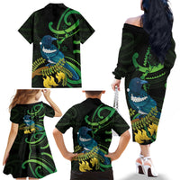New Zealand Tui Bird Family Matching Off The Shoulder Long Sleeve Dress and Hawaiian Shirt Aotearoa Maori With Kowhai Flowers LT14 - Polynesian Pride