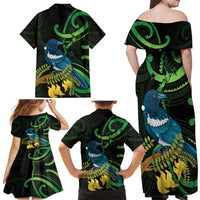 New Zealand Tui Bird Family Matching Off Shoulder Maxi Dress and Hawaiian Shirt Aotearoa Maori With Kowhai Flowers LT14 - Polynesian Pride