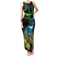 New Zealand Tui Bird Family Matching Tank Maxi Dress and Hawaiian Shirt Aotearoa Maori With Kowhai Flowers LT14 Mom's Dress Black - Polynesian Pride