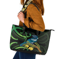 New Zealand Tui Bird Leather Tote Bag Aotearoa Maori With Kowhai Flowers LT14 Black - Polynesian Pride