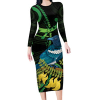 New Zealand Tui Bird Long Sleeve Bodycon Dress Aotearoa Maori With Kowhai Flowers LT14 Long Dress Black - Polynesian Pride