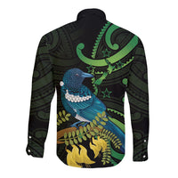 New Zealand Tui Bird Long Sleeve Button Shirt Aotearoa Maori With Kowhai Flowers LT14 - Polynesian Pride
