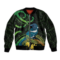 New Zealand Tui Bird Sleeve Zip Bomber Jacket Aotearoa Maori With Kowhai Flowers LT14 Unisex Black - Polynesian Pride