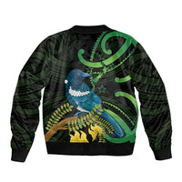 New Zealand Tui Bird Sleeve Zip Bomber Jacket Aotearoa Maori With Kowhai Flowers LT14 - Polynesian Pride