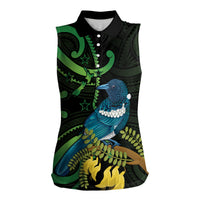 New Zealand Tui Bird Women Sleeveless Polo Shirt Aotearoa Maori With Kowhai Flowers LT14 Female Black - Polynesian Pride