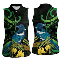 New Zealand Tui Bird Women Sleeveless Polo Shirt Aotearoa Maori With Kowhai Flowers LT14 - Polynesian Pride