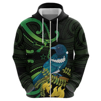 New Zealand Tui Bird Zip Hoodie Aotearoa Maori With Kowhai Flowers LT14 - Polynesian Pride