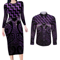 Purple Matariki New Zealand Couples Matching Long Sleeve Bodycon Dress and Long Sleeve Button Shirt Maori Poutama Galaxy Vibes LT14 Purple - Polynesian Pride