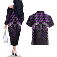 Purple Matariki New Zealand Couples Matching Off The Shoulder Long Sleeve Dress and Hawaiian Shirt Maori Poutama Galaxy Vibes LT14 - Polynesian Pride