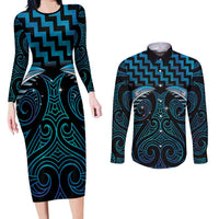 Blue Matariki New Zealand Couples Matching Long Sleeve Bodycon Dress and Long Sleeve Button Shirt Maori Poutama Galaxy Vibes LT14 Blue - Polynesian Pride
