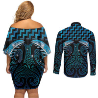 Blue Matariki New Zealand Couples Matching Off Shoulder Short Dress and Long Sleeve Button Shirt Maori Poutama Galaxy Vibes LT14 - Polynesian Pride