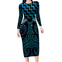 Blue Matariki New Zealand Long Sleeve Bodycon Dress Maori Poutama Galaxy Vibes LT14 Long Dress Blue - Polynesian Pride