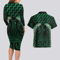 Green Matariki New Zealand Couples Matching Long Sleeve Bodycon Dress and Hawaiian Shirt Maori Poutama Galaxy Vibes LT14 - Polynesian Pride