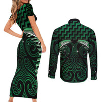 Green Matariki New Zealand Couples Matching Short Sleeve Bodycon Dress and Long Sleeve Button Shirt Maori Poutama Galaxy Vibes LT14 - Polynesian Pride