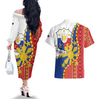 Philippines Independence Day Couples Matching Off The Shoulder Long Sleeve Dress and Hawaiian Shirt Pilipinas Sun Stars Igorot Pattern LT14 - Polynesian Pride