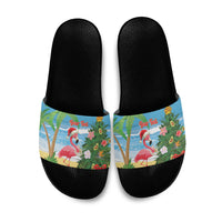 Flamingo Hawaii Summer Christmas Personalized Slide Sandals Mele Kalikimaka Beachy Vibes