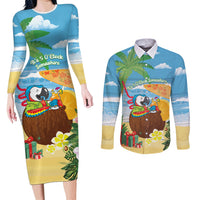 Chilling Parrot Hawaii Summer Christmas Personalized Couples Matching Long Sleeve Bodycon Dress and Long Sleeve Button Shirt It's 5 O'Clock Somewhere Beachy Vibes