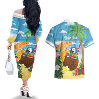 Chilling Parrot Hawaii Summer Christmas Personalized Couples Matching Off The Shoulder Long Sleeve Dress and Hawaiian Shirt It's 5 O'Clock Somewhere Beachy Vibes LT14 - Polynesian Pride