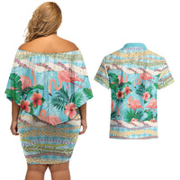 Flamingo Hawaii Summer Couples Matching Off Shoulder Short Dress and Hawaiian Shirt Hawaiian Lei Pakala Motifs Tropical Style LT14 - Polynesian Pride