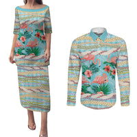 Flamingo Hawaii Summer Couples Matching Puletasi and Long Sleeve Button Shirt Hawaiian Lei Pakala Motifs Tropical Style LT14 Cyan - Polynesian Pride