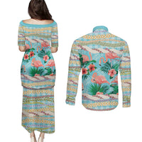Flamingo Hawaii Summer Couples Matching Puletasi and Long Sleeve Button Shirt Hawaiian Lei Pakala Motifs Tropical Style LT14 - Polynesian Pride