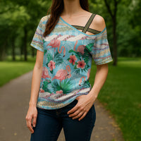 Flamingo Hawaii Summer Cross Shoulder Shirt Hawaiian Lei Pakala Motifs Tropical Style