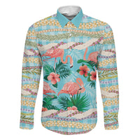 Flamingo Hawaii Summer Family Matching Long Sleeve Bodycon Dress and Hawaiian Shirt Hawaiian Lei Pakala Motifs Tropical Style LT14 Dad's Shirt - Long Sleeve Cyan - Polynesian Pride