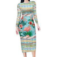 Flamingo Hawaii Summer Long Sleeve Bodycon Dress Hawaiian Lei Pakala Motifs Tropical Style LT14 Long Dress Cyan - Polynesian Pride