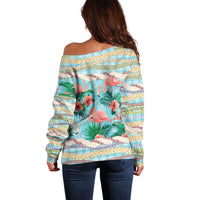 Flamingo Hawaii Summer Off Shoulder Sweater Hawaiian Lei Pakala Motifs Tropical Style