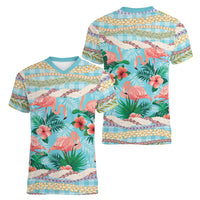 Flamingo Hawaii Summer Women V-Neck T-Shirt Hawaiian Lei Pakala Motifs Tropical Style LT14 - Polynesian Pride