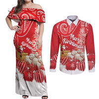 New Zealand Christmas In July Personalised Couples Matching Off Shoulder Maxi Dress and Long Sleeve Button Shirt Funny Santa Sheep Meri Kirihimete Red LT14 Red - Polynesian Pride