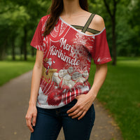 New Zealand Christmas In July Personalised Cross Shoulder Shirt Funny Santa Sheep Meri Kirihimete Red LT14 - Polynesian Pride