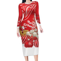 New Zealand Christmas In July Personalised Family Matching Long Sleeve Bodycon Dress and Hawaiian Shirt Funny Santa Sheep Meri Kirihimete Red LT14 Mom's Dress Red - Polynesian Pride