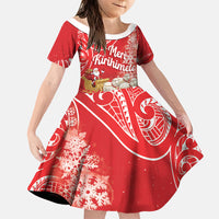 New Zealand Christmas In July Personalised Family Matching Off The Shoulder Long Sleeve Dress and Hawaiian Shirt Funny Santa Sheep Meri Kirihimete Red LT14 Daughter's Dress Red - Polynesian Pride