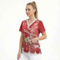 New Zealand Christmas In July Personalised Scrub Top Funny Santa Sheep Meri Kirihimete Red LT14 - Polynesian Pride